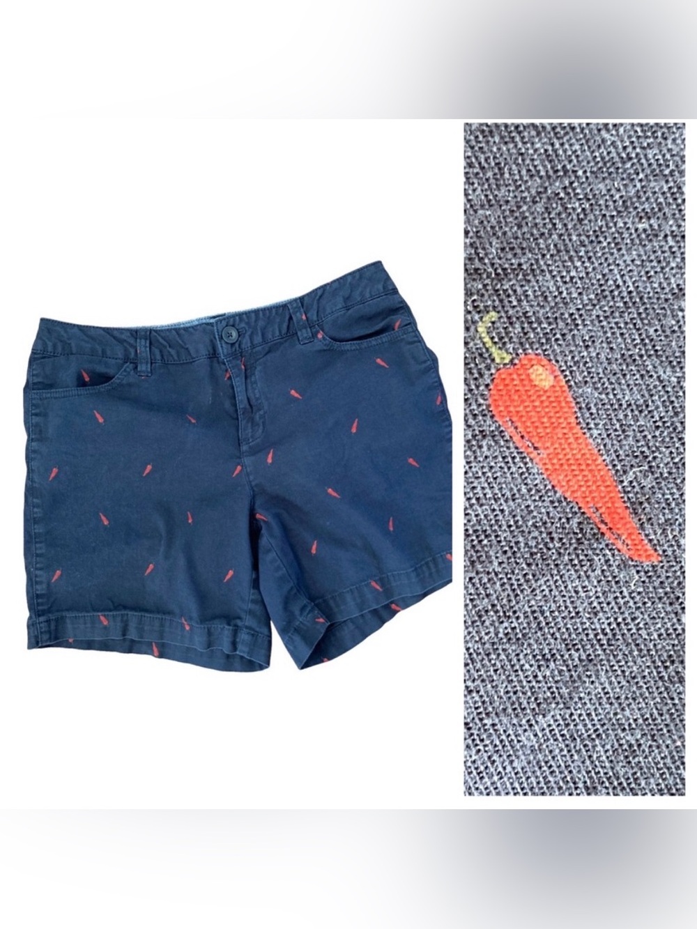 2/$30 CHILI PEPPER BASS Women Size 6 Allover NAVY Print 98% Cot 2% Spandex EUC